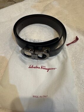 Salvatore Ferragamo Black Leather Belt with Silver Gancini Buckle
